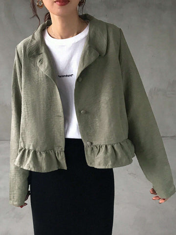 FRIFUL Women Casual Solid Color Ruffle Hem Cropped Shirt, Spring/Autumn