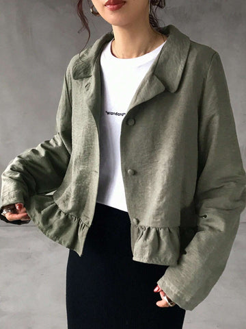 FRIFUL Women Casual Solid Color Ruffle Hem Cropped Shirt, Spring/Autumn