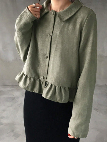 FRIFUL Women Casual Solid Color Ruffle Hem Cropped Shirt, Spring/Autumn