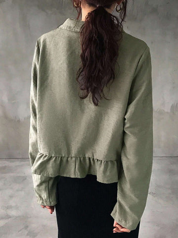 FRIFUL Women Casual Solid Color Ruffle Hem Cropped Shirt, Spring/Autumn