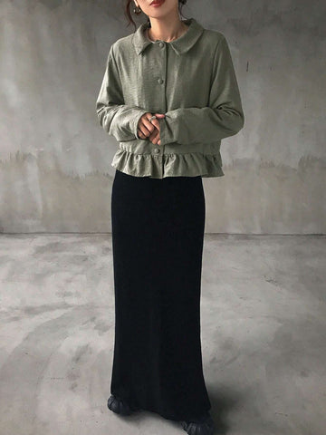FRIFUL Women Casual Solid Color Ruffle Hem Cropped Shirt, Spring/Autumn
