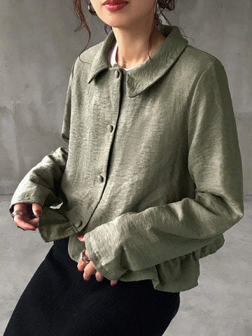 FRIFUL Women Casual Solid Color Ruffle Hem Cropped Shirt, Spring/Autumn