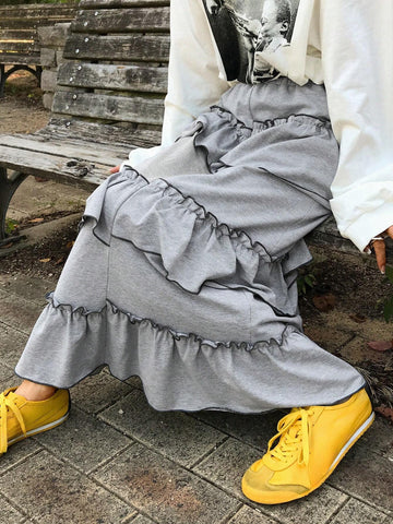 FRIFUL Women Contrast Color Trimmed Frill Trim Casual Mini Skirt