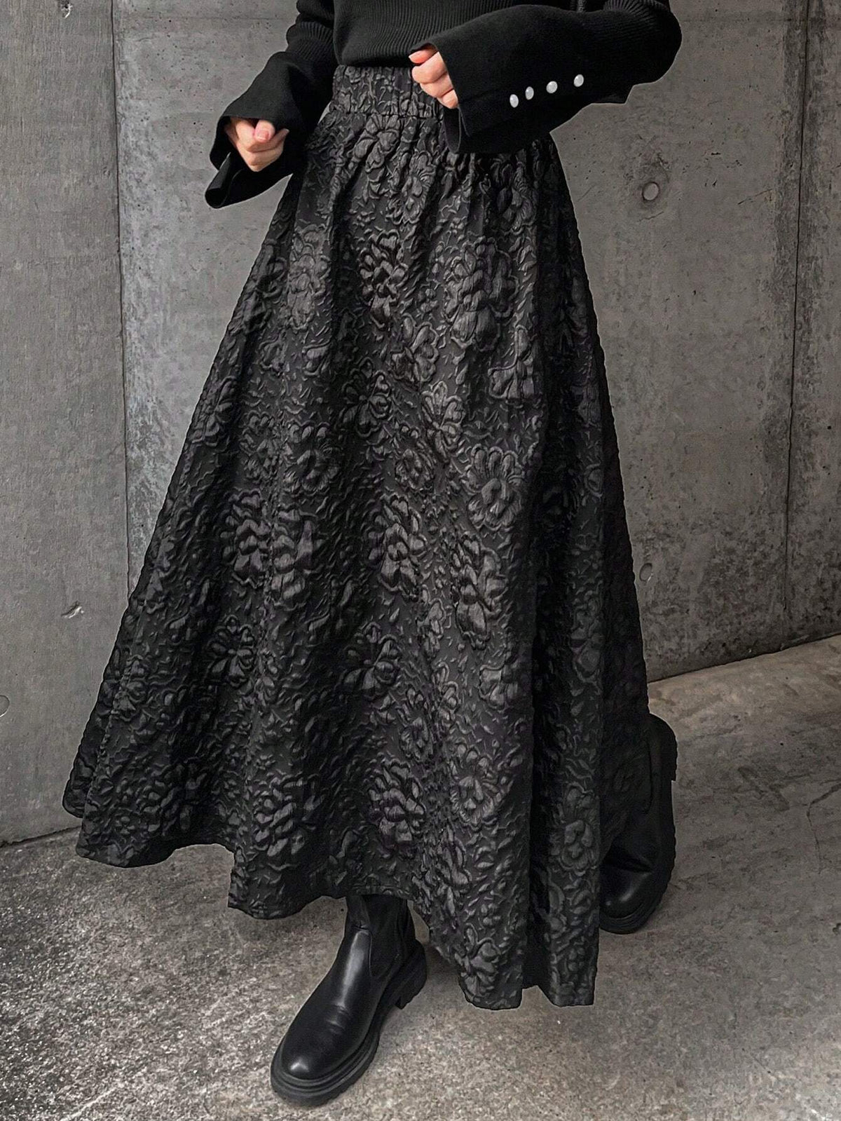 FRIFUL Women Elastic Waist Textured Fabric Skirt, Elegant For Autumn