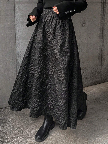 FRIFUL Women Elastic Waist Textured Fabric Skirt, Elegant For Autumn