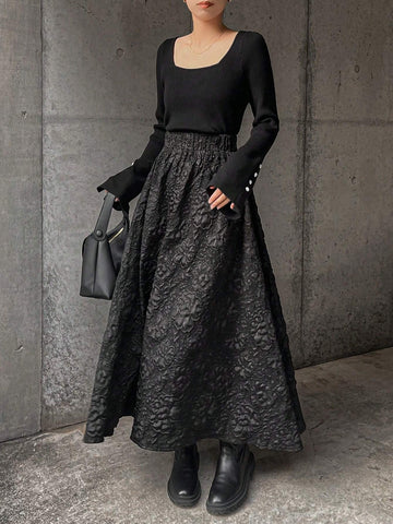 FRIFUL Women Elastic Waist Textured Fabric Skirt, Elegant For Autumn