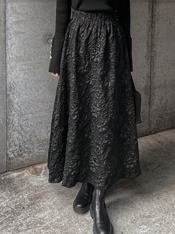 FRIFUL Women Elastic Waist Textured Fabric Skirt, Elegant For Autumn