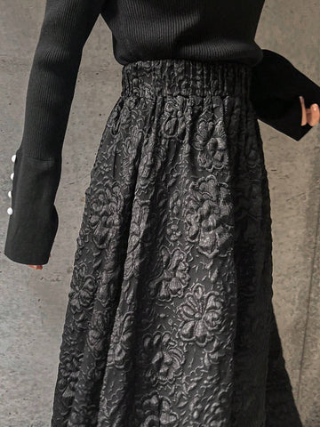 FRIFUL Women Elastic Waist Textured Fabric Skirt, Elegant For Autumn