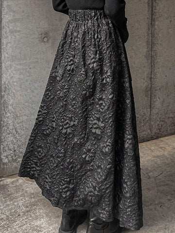 FRIFUL Women Elastic Waist Textured Fabric Skirt, Elegant For Autumn