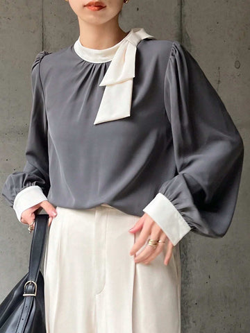 Women Elegant Contrast Bow Mock Neck Lantern Sleeve Loose Shirt, Spring & Autumn