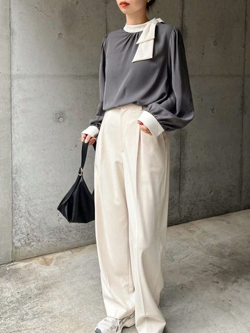 Women Elegant Contrast Bow Mock Neck Lantern Sleeve Loose Shirt, Spring & Autumn