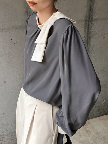 Women Elegant Contrast Bow Mock Neck Lantern Sleeve Loose Shirt, Spring & Autumn