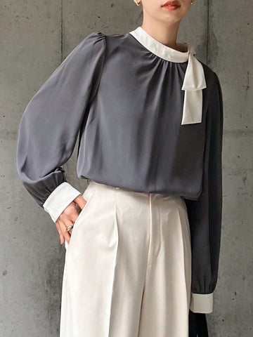Women Elegant Contrast Bow Mock Neck Lantern Sleeve Loose Shirt, Spring & Autumn