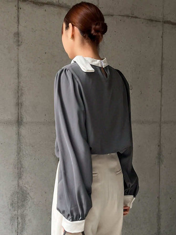 Women Elegant Contrast Bow Mock Neck Lantern Sleeve Loose Shirt, Spring & Autumn