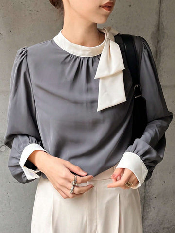 Women Elegant Contrast Bow Mock Neck Lantern Sleeve Loose Shirt, Spring & Autumn