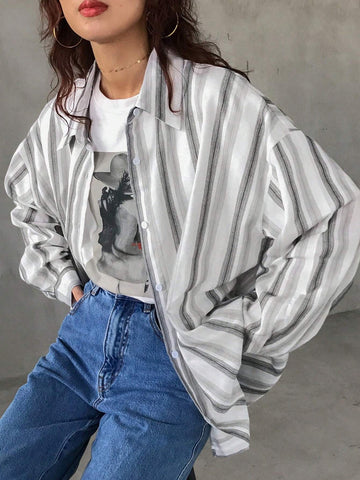 FRIFUL Women Loose Casual Stripe Batwing Long Sleeve Blouse, Spring & Autumn
