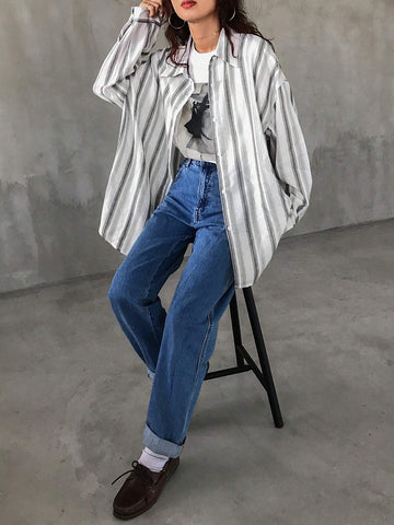 FRIFUL Women Loose Casual Stripe Batwing Long Sleeve Blouse, Spring & Autumn