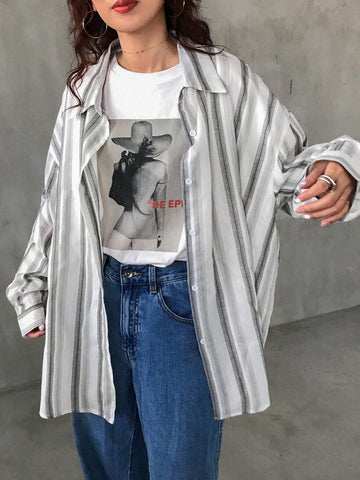 FRIFUL Women Loose Casual Stripe Batwing Long Sleeve Blouse, Spring & Autumn