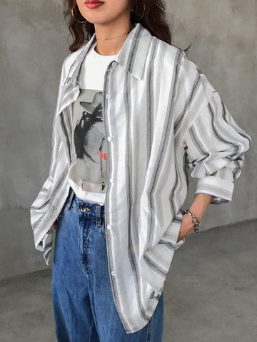 FRIFUL Women Loose Casual Stripe Batwing Long Sleeve Blouse, Spring & Autumn