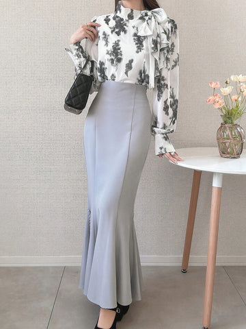 FRIFUL Women Loose Fit Black & White Shirt, Lantern Sleeve, Bow Tie, Spring, Valentine's Day