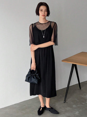 FRIFUL Women Round Neck Short Puff Sleeve Sheer Mesh Top And Black Long Cami Dress Set