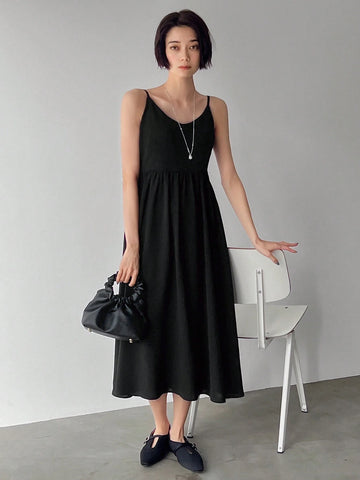 FRIFUL Women Round Neck Short Puff Sleeve Sheer Mesh Top And Black Long Cami Dress Set