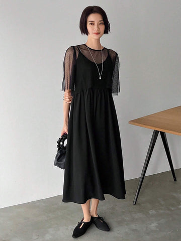 FRIFUL Women Round Neck Short Puff Sleeve Sheer Mesh Top And Black Long Cami Dress Set
