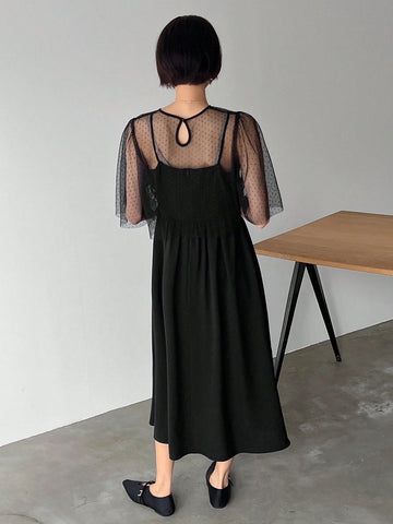 FRIFUL Women Round Neck Short Puff Sleeve Sheer Mesh Top And Black Long Cami Dress Set