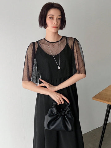 FRIFUL Women Round Neck Short Puff Sleeve Sheer Mesh Top And Black Long Cami Dress Set