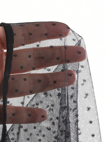 FRIFUL Women Round Neck Short Puff Sleeve Sheer Mesh Top And Black Long Cami Dress Set