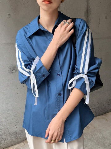 FRIFUL Women Solid Color Patchwork Front Button Long Sleeve Casual Blouse