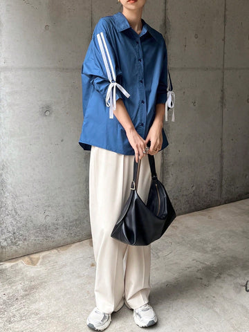 FRIFUL Women Solid Color Patchwork Front Button Long Sleeve Casual Blouse