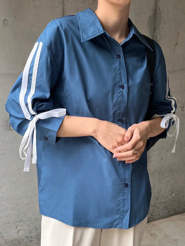 FRIFUL Women Solid Color Patchwork Front Button Long Sleeve Casual Blouse