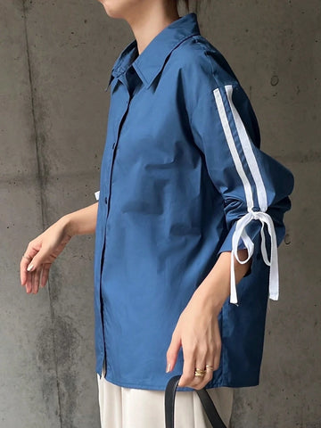 FRIFUL Women Solid Color Patchwork Front Button Long Sleeve Casual Blouse