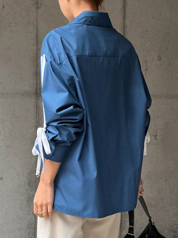 FRIFUL Women Solid Color Patchwork Front Button Long Sleeve Casual Blouse