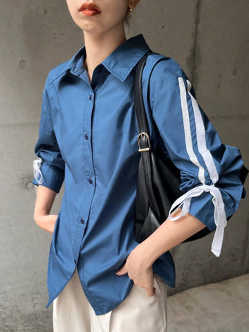 FRIFUL Women Solid Color Patchwork Front Button Long Sleeve Casual Blouse