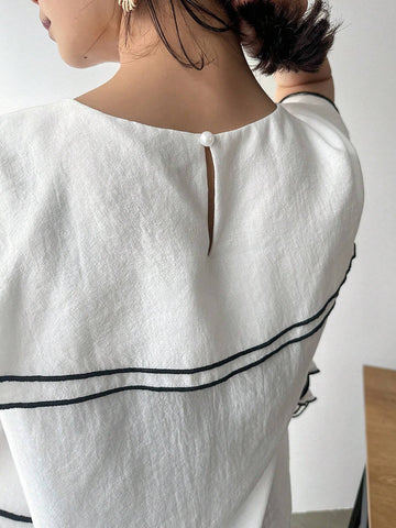 FRIFUL Women Spring/Summer Casual Contrast-Trim Colorblock Shirt