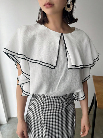 FRIFUL Women Spring/Summer Casual Contrast-Trim Colorblock Shirt