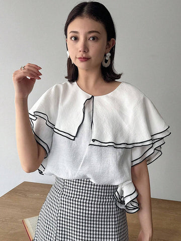 FRIFUL Women Spring/Summer Casual Contrast-Trim Colorblock Shirt