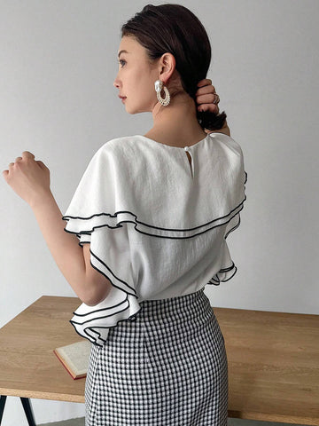 FRIFUL Women Spring/Summer Casual Contrast-Trim Colorblock Shirt