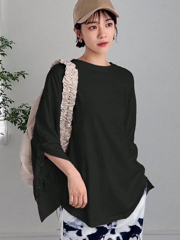 Women SpringSummer Solid Color Lantern Sleeve Loose Casual T-Shirt