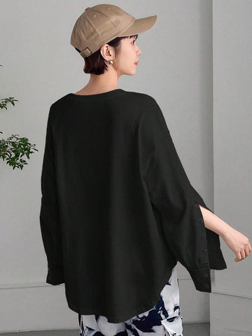 Women SpringSummer Solid Color Lantern Sleeve Loose Casual T-Shirt