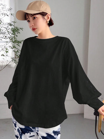Women SpringSummer Solid Color Lantern Sleeve Loose Casual T-Shirt