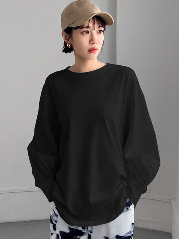Women SpringSummer Solid Color Lantern Sleeve Loose Casual T-Shirt