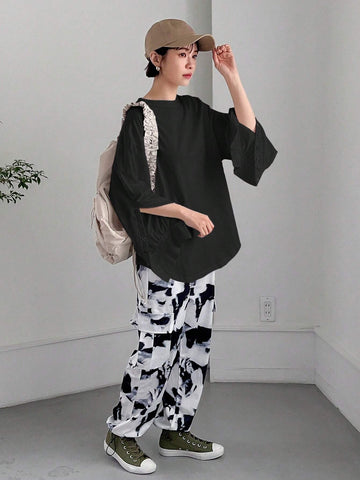 Women SpringSummer Solid Color Lantern Sleeve Loose Casual T-Shirt