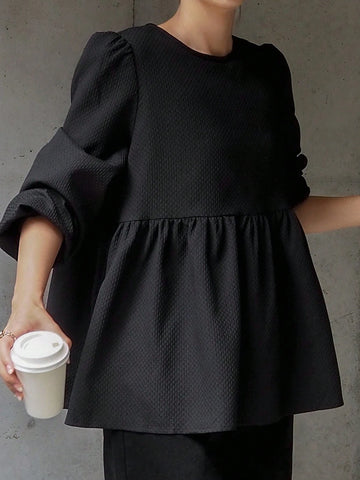 FRIFUL Women Spring Summer Plain Round Neck Ruffle Hem Tie Waist Blouse