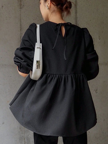 FRIFUL Women Spring Summer Plain Round Neck Ruffle Hem Tie Waist Blouse