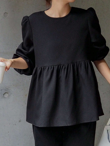 FRIFUL Women Spring Summer Plain Round Neck Ruffle Hem Tie Waist Blouse