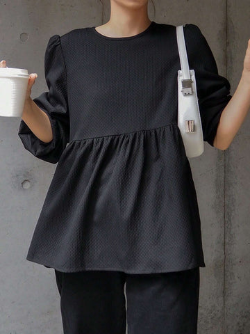 FRIFUL Women Spring Summer Plain Round Neck Ruffle Hem Tie Waist Blouse