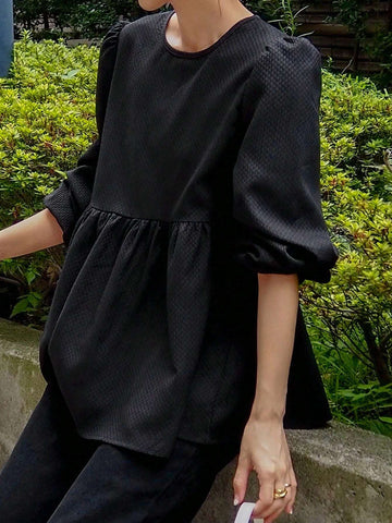 FRIFUL Women Spring Summer Plain Round Neck Ruffle Hem Tie Waist Blouse